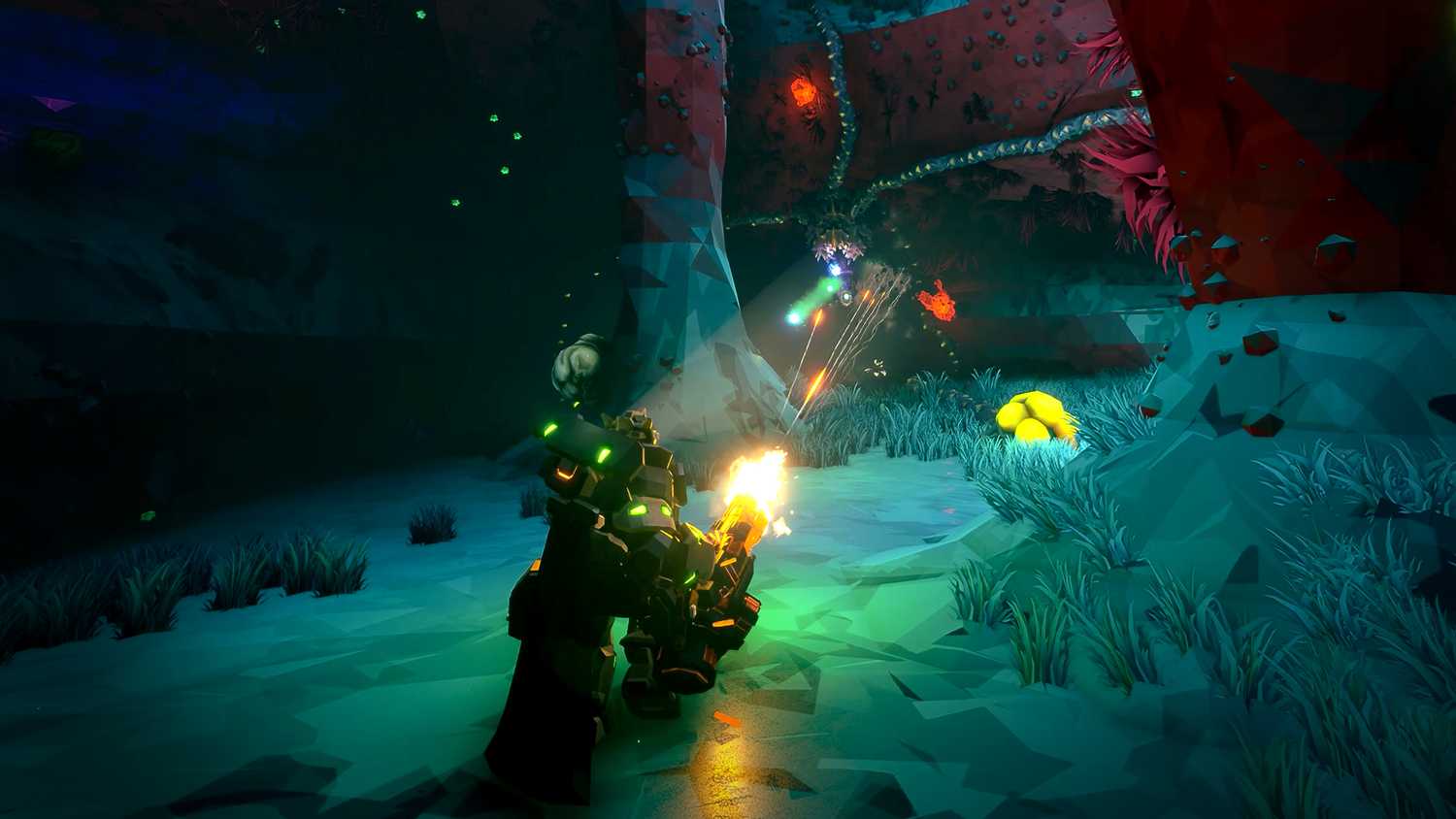 Screenshot from Deep Rock Galactic video game of dwarf fighting off giant bug in mine