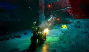 Screenshot from Deep Rock Galactic video game of dwarf fighting off giant bug in mine