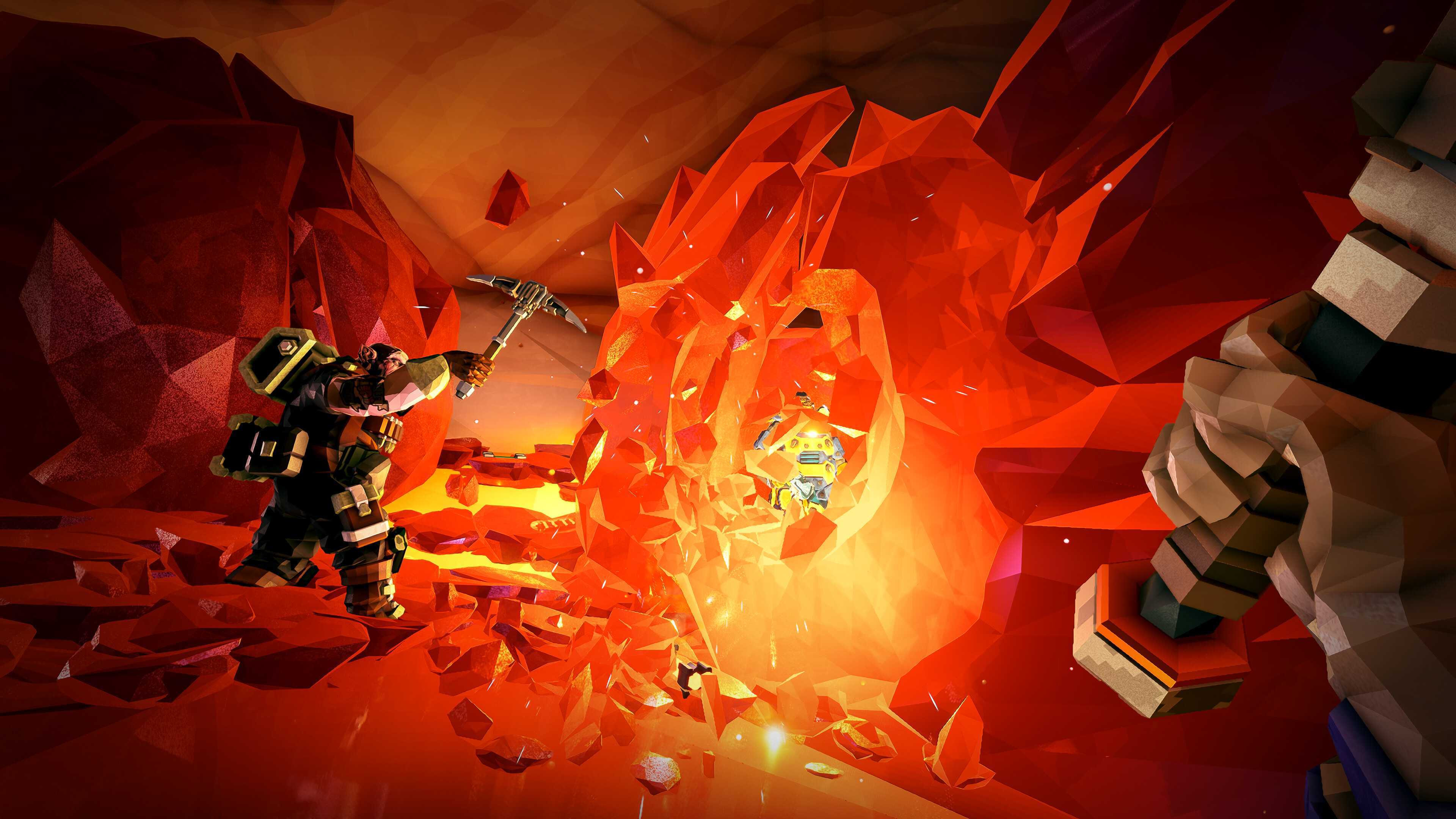 Screenshot from Deep Rock Galactic video game of two dwarves mining a bright red stone