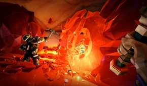 Screenshot from Deep Rock Galactic video game of two dwarves mining a bright red stone