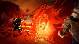 Screenshot from Deep Rock Galactic video game of two dwarves mining a bright red stone