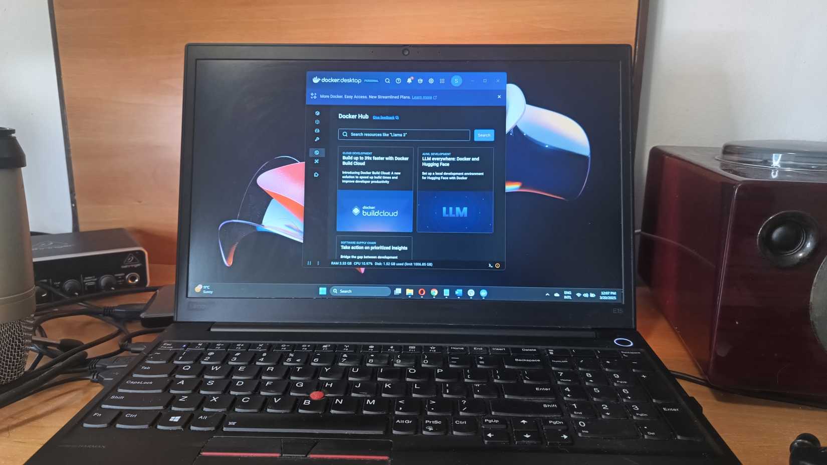 Image of Windows 11 laptop showing Docker running