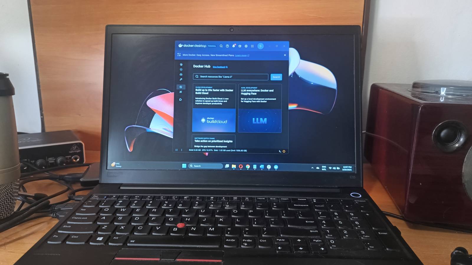Image of Windows 11 laptop showing Docker running