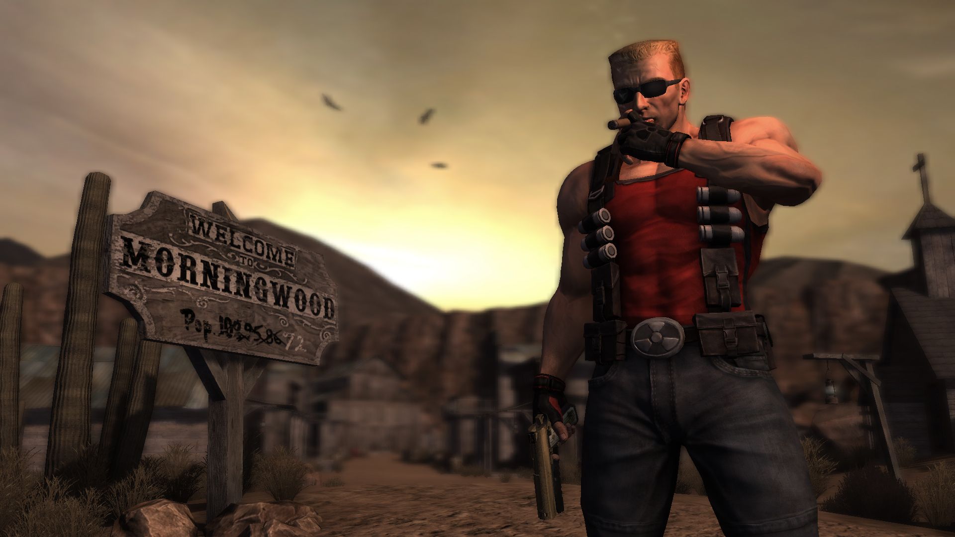 Screenshot from Duke Nukem Forever video game of Duke Nukem standing in desert town with a cigar next to town sign