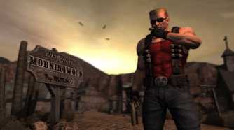 Screenshot from Duke Nukem Forever video game of Duke Nukem standing in desert town with a cigar next to town sign