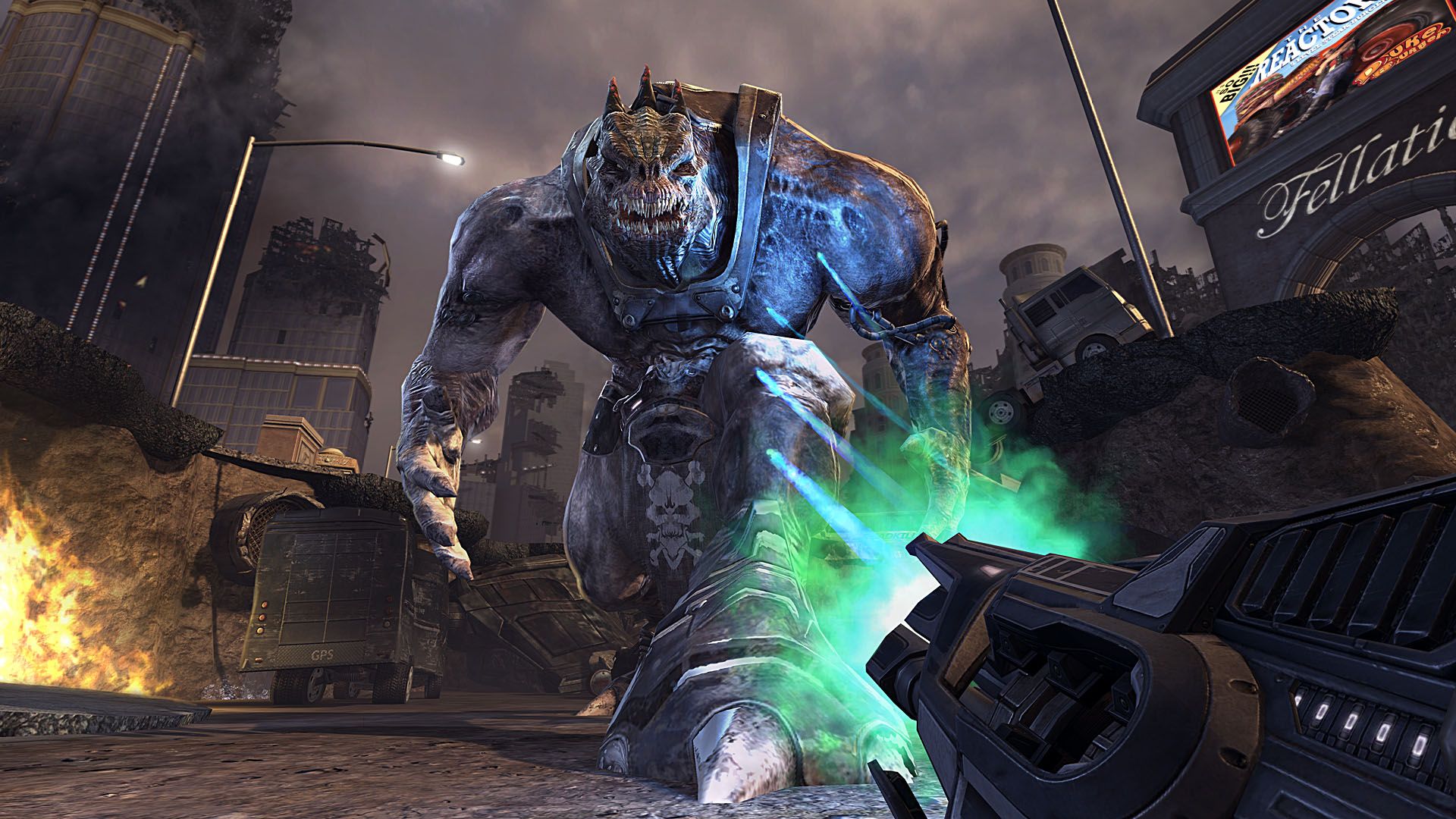 Screenshot from Duke Nukem Forever video game of Duke Nukem in combat with a giant creature