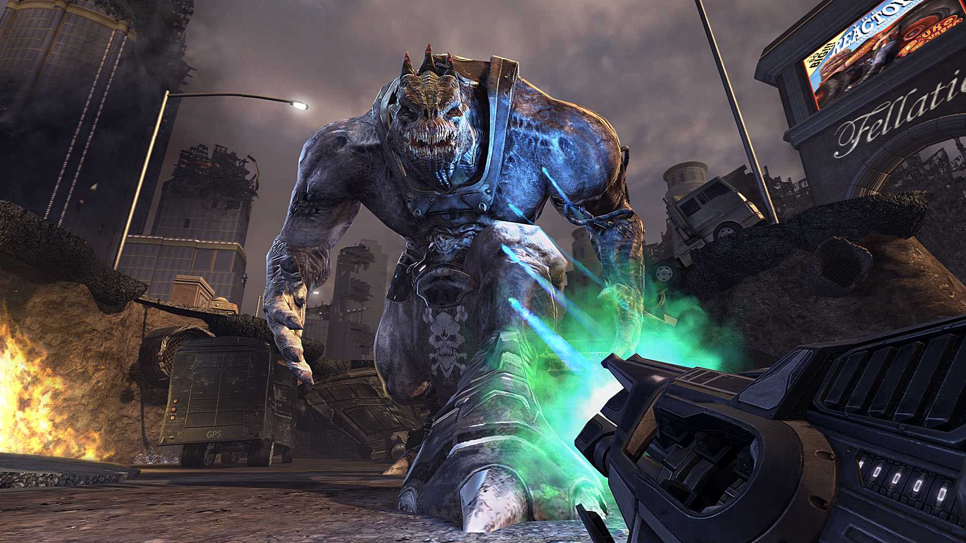 Screenshot from Duke Nukem Forever video game of Duke Nukem in combat with a giant creature