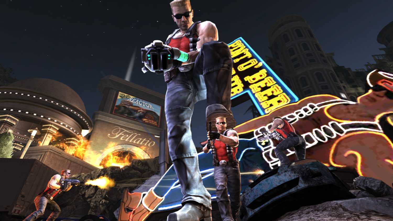 Screenshot from Duke Nukem Forever video game of Duke Nukem stomping on a smaller Duke Nukem with his boots while two other small Duke Nukem's fire at the giant one
