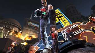 Screenshot from Duke Nukem Forever video game of Duke Nukem stomping on a smaller Duke Nukem with his boots while two other small Duke Nukem's fire at the giant one