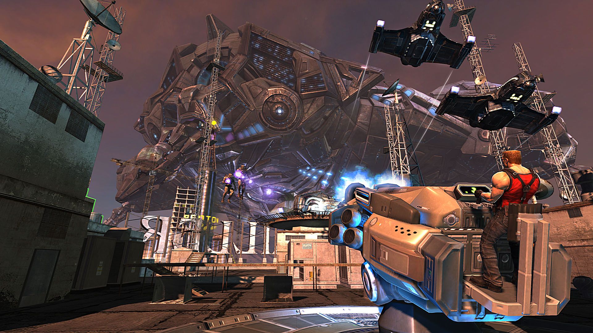 Screenshot from Duke Nukem Forever video game of Duke Nukem using a giant laser gun against a flying warship