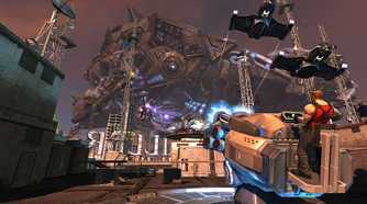 Screenshot from Duke Nukem Forever video game of Duke Nukem using a giant laser gun against a flying warship
