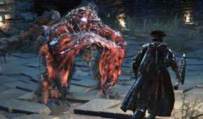 Bloodborne hunter fighting the blood starved beast