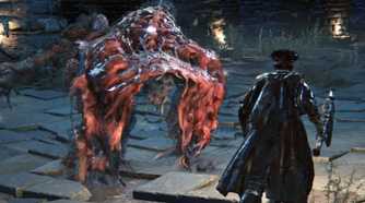 Bloodborne hunter fighting the blood starved beast