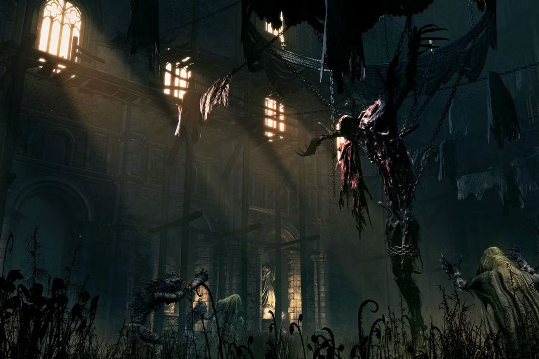 Bloodborne Blood Starved Beast hanging from hooks