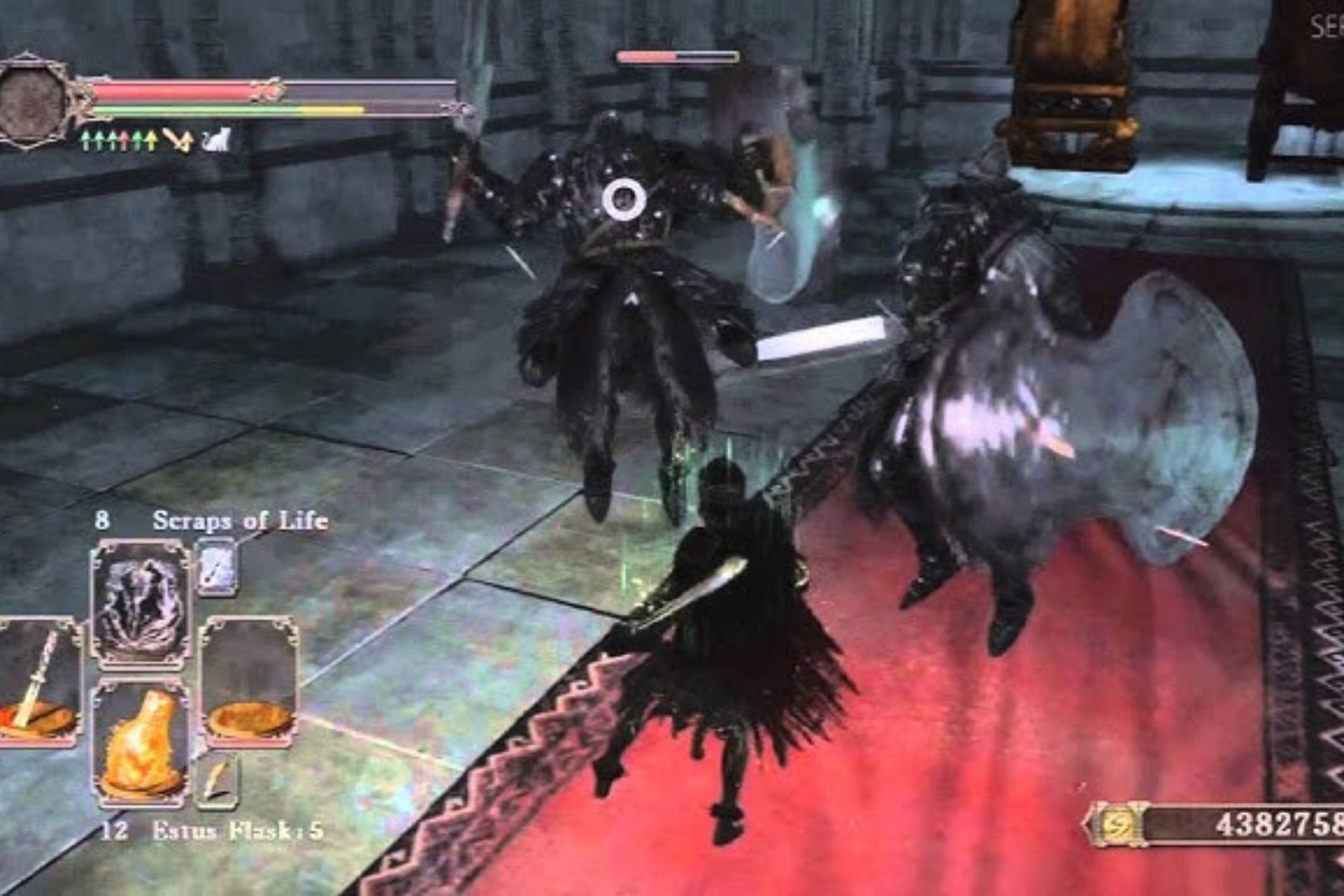 Dark Souls 2 player fighting twin Pursuer boss in castle