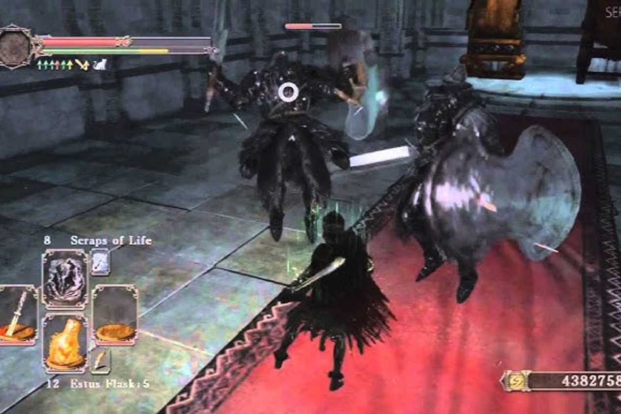Dark Souls 2 player fighting twin Pursuer boss in castle