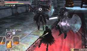Dark Souls 2 player fighting twin Pursuer boss in castle