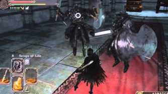 Dark Souls 2 player fighting twin Pursuer boss in castle