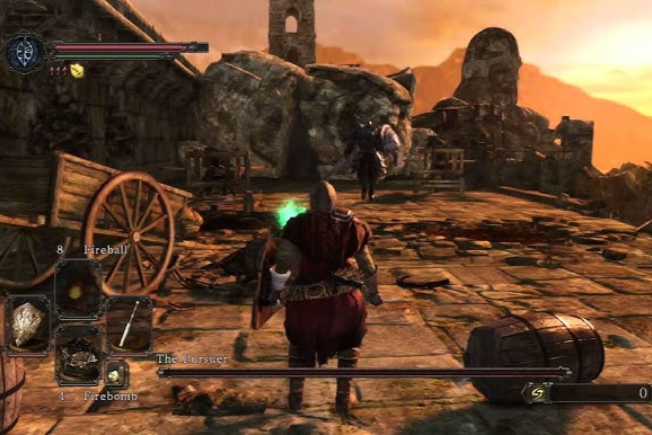 Dark Souls 2 player fighting the Pursuer in ruins