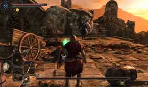 Dark Souls 2 player fighting the Pursuer in ruins