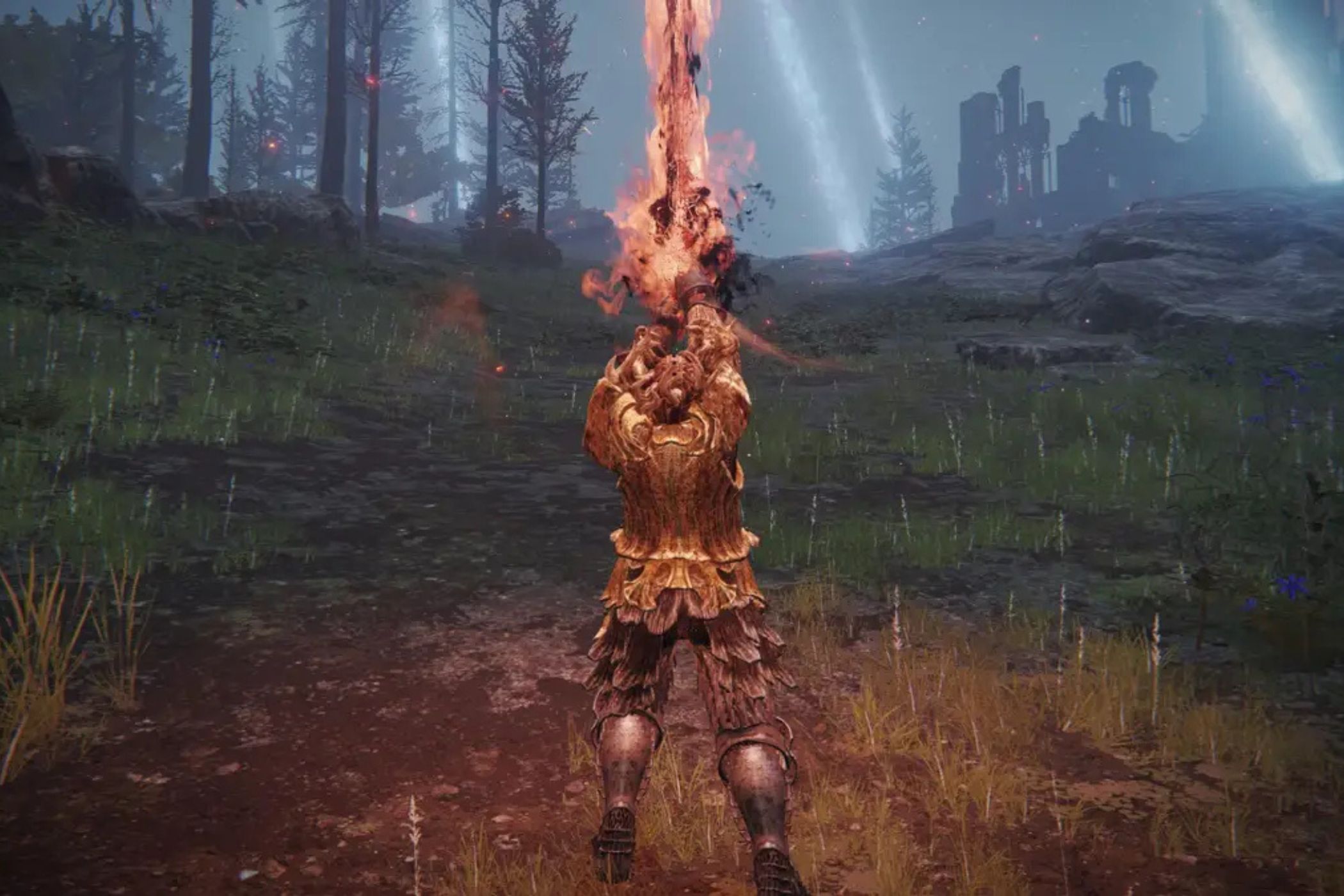 Elden Ring player holding up Rykard's blade