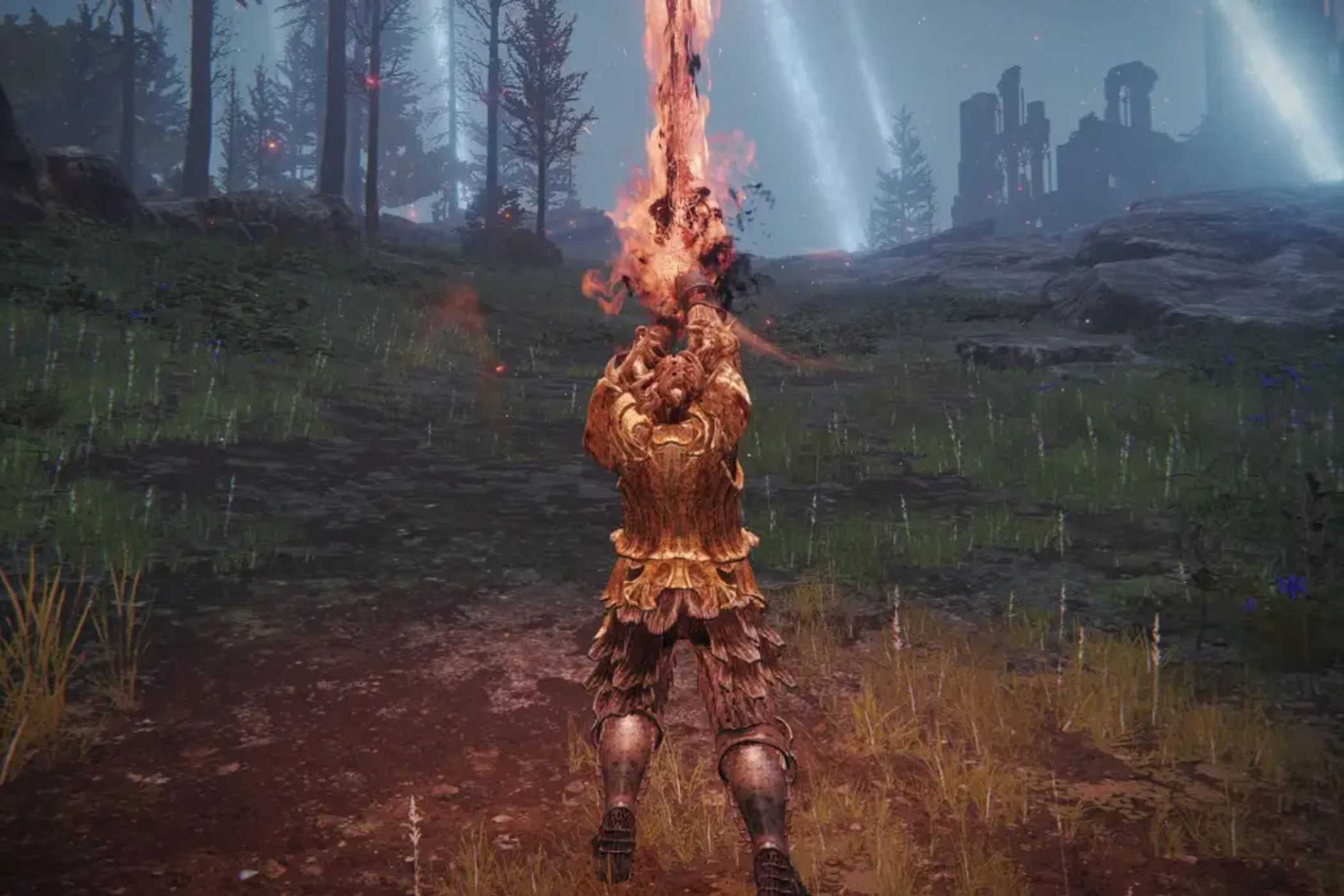 Elden Ring player holding up Rykard's blade
