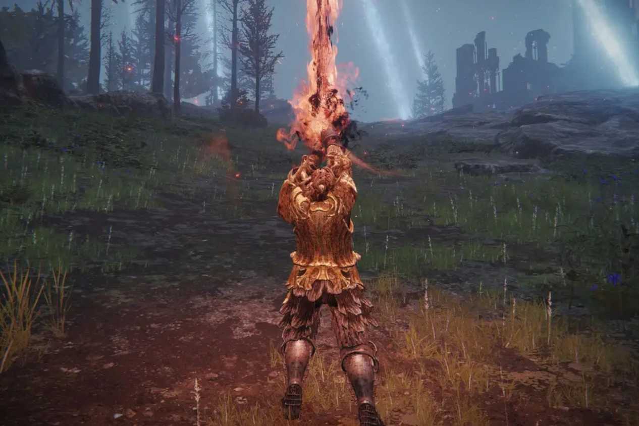 Elden Ring player holding up Rykard's blade