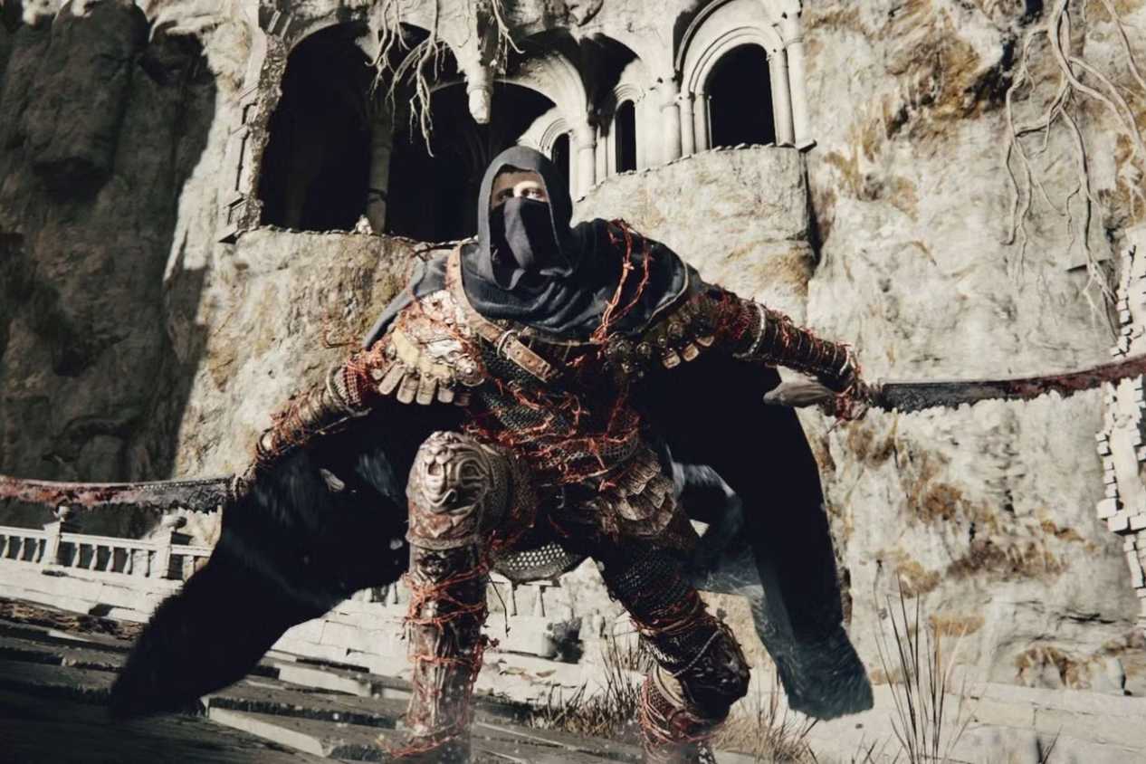 Elden Ring player crouched with twin swords