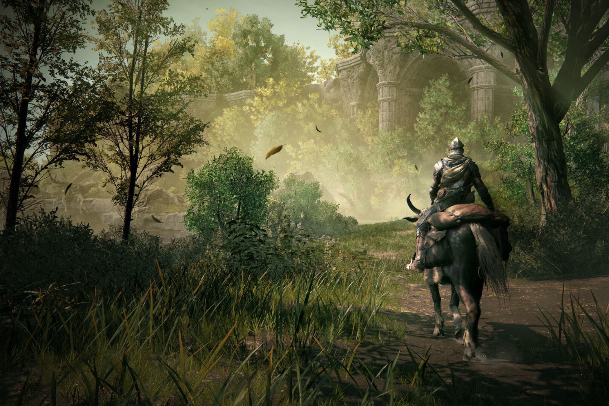 Elden Ring Shadow of the Erdtree player riding horse in forest