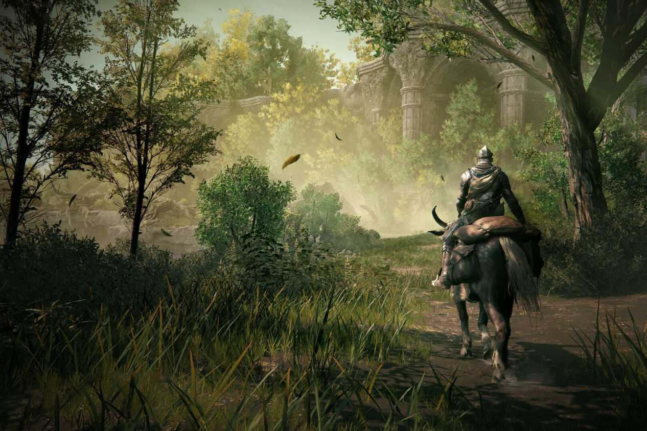 Elden Ring Shadow of the Erdtree player riding horse in forest