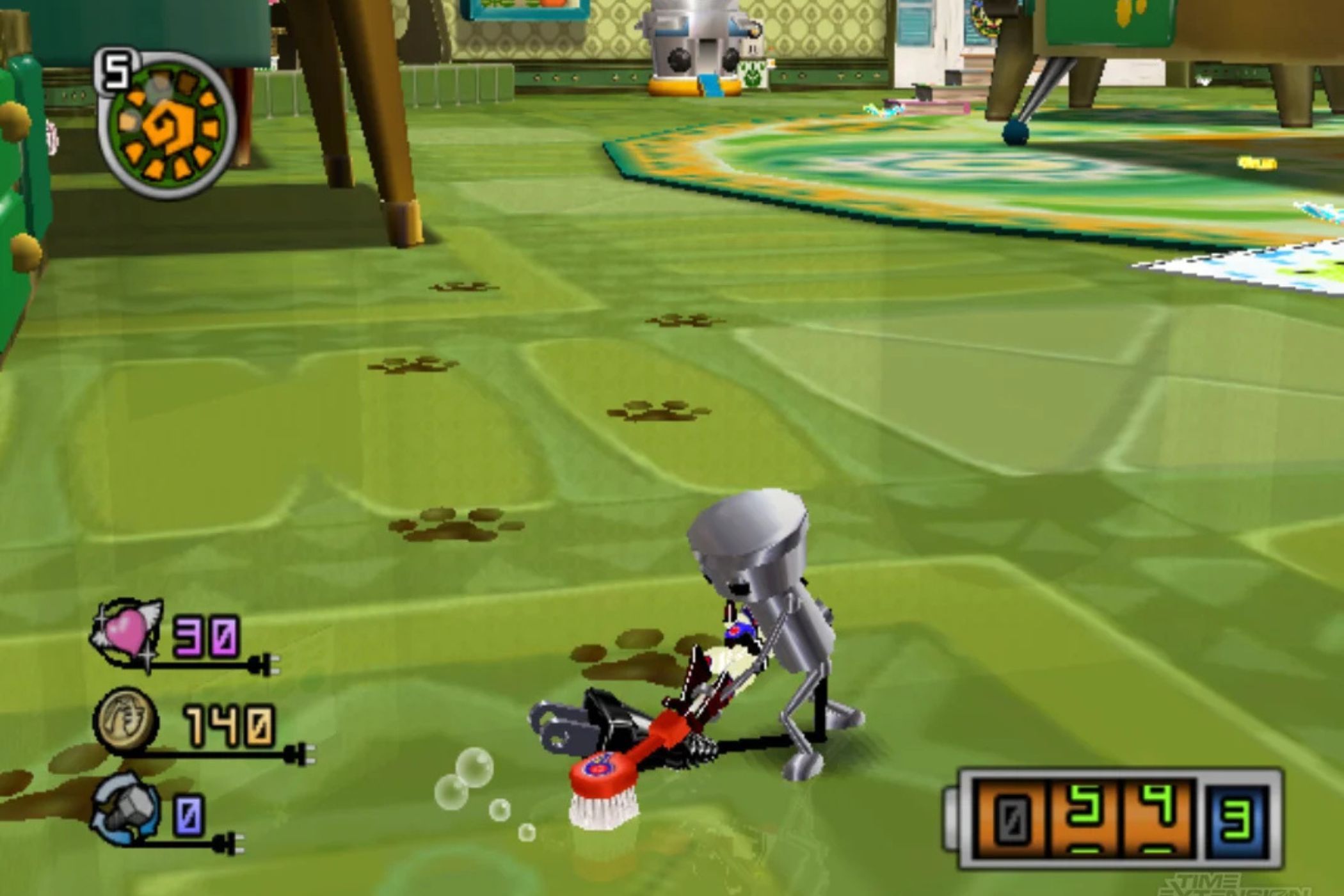 Chibi-Robo cleaning up pawprints with toothbrush