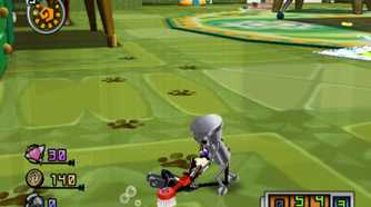 Chibi-Robo cleaning up pawprints with toothbrush