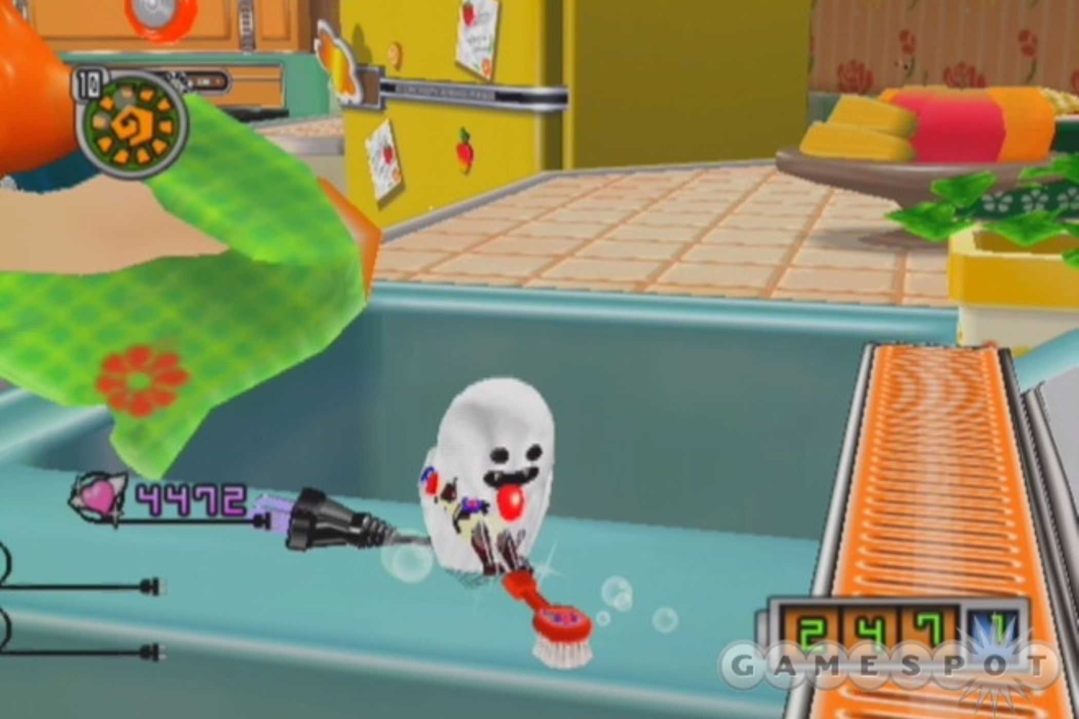 Chibi Robo cleaning kitchen while dressed as ghost