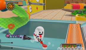 Chibi Robo cleaning kitchen while dressed as ghost