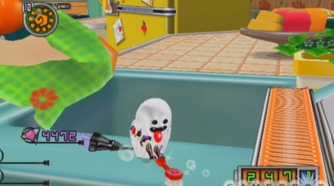 Chibi Robo cleaning kitchen while dressed as ghost