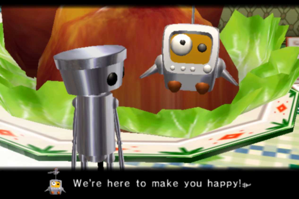 Chibi Robo standing on table next to floating robot