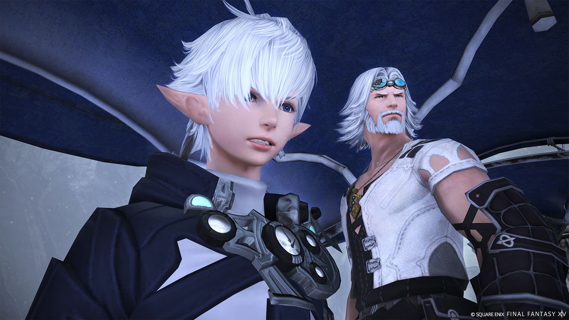 Screenshot from Final Fantasy XIV: A Realm Reborn video game of two characters with white hair looking in the distance