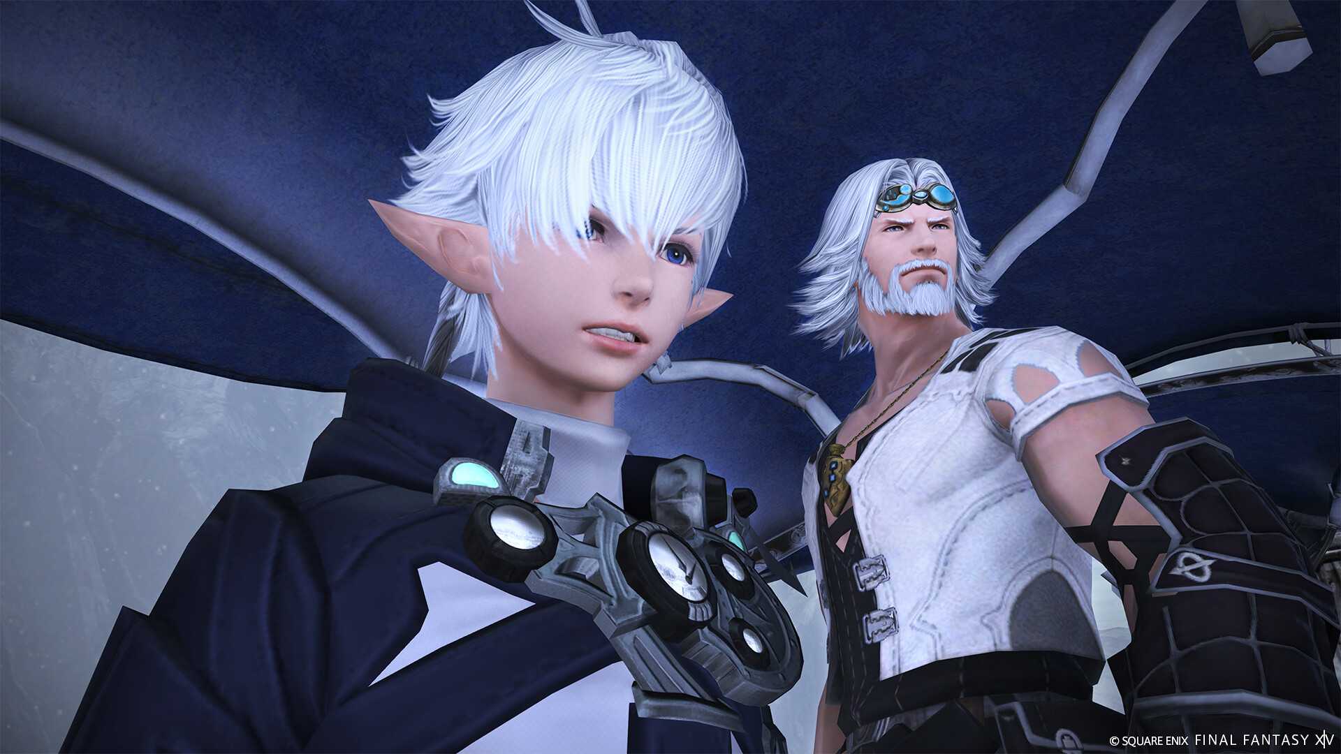 Screenshot from Final Fantasy XIV: A Realm Reborn video game of two characters with white hair looking in the distance