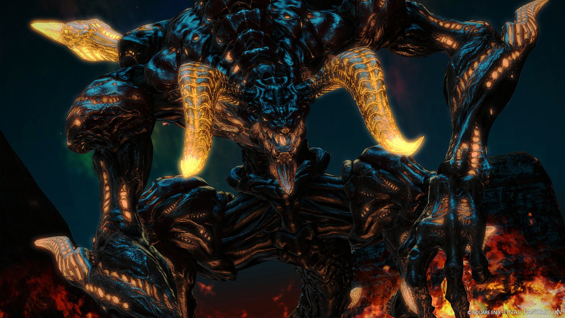 Screenshot from Final Fantasy XIV: A Realm Reborn video game of dark colored dragon with multiple horns