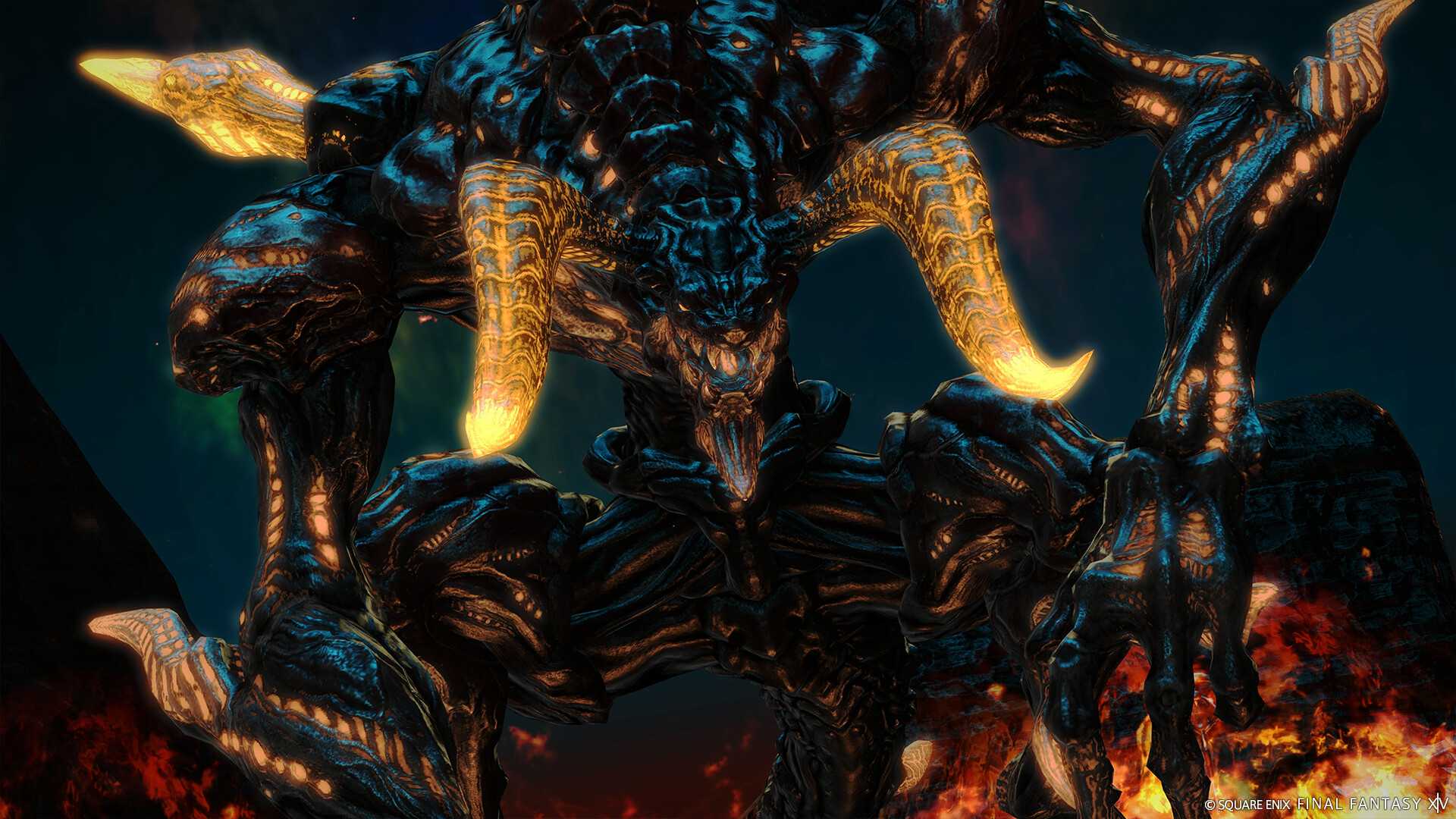 Screenshot from Final Fantasy XIV: A Realm Reborn video game of dark colored dragon with multiple horns