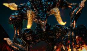 Screenshot from Final Fantasy XIV: A Realm Reborn video game of dark colored dragon with multiple horns