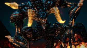 Screenshot from Final Fantasy XIV: A Realm Reborn video game of dark colored dragon with multiple horns