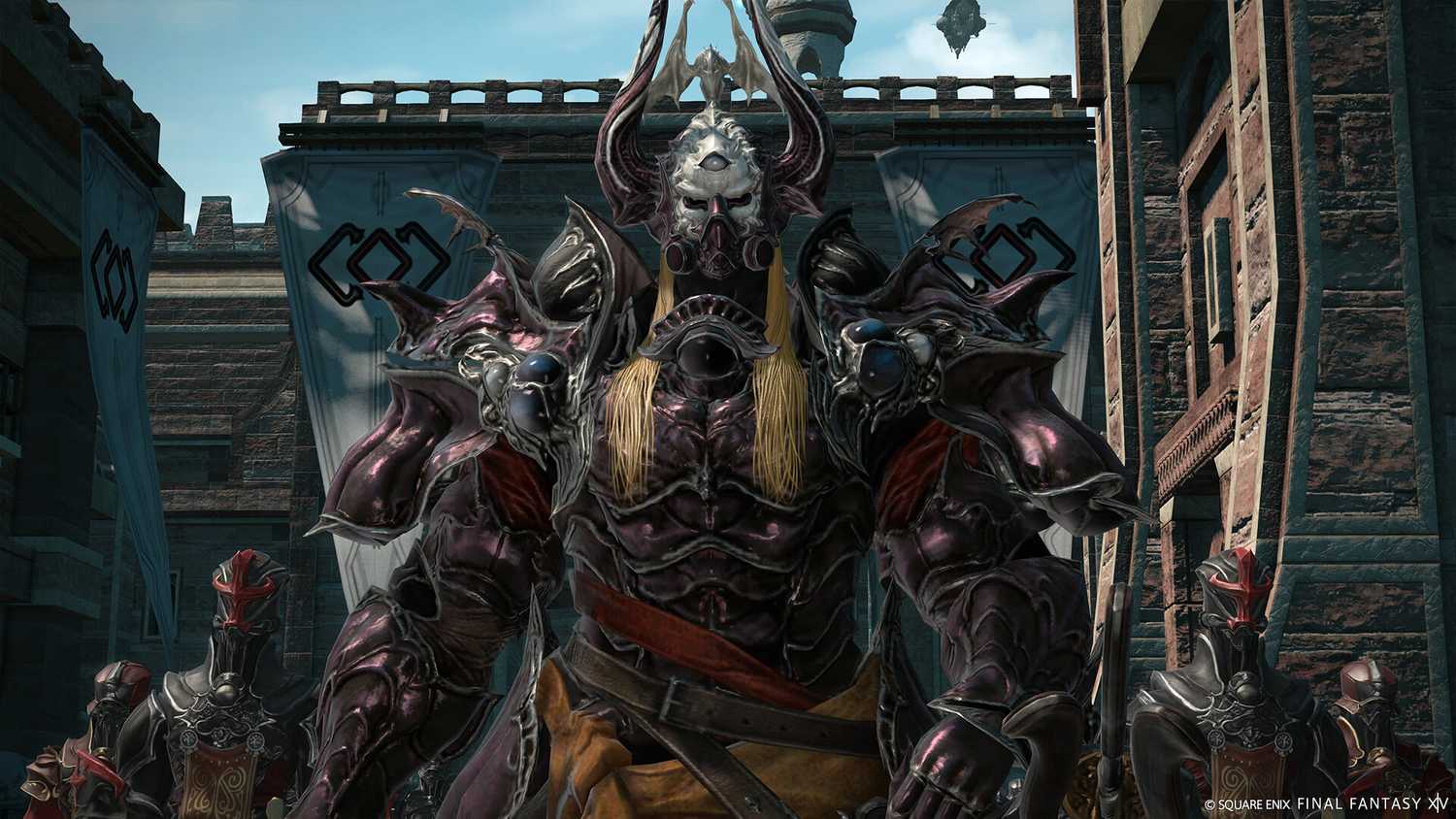 Screenshot from Final Fantasy XIV: A Realm Reborn video game of villain character with henchmen around him
