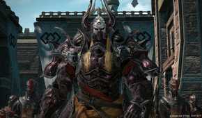Screenshot from Final Fantasy XIV: A Realm Reborn video game of villain character with henchmen around him
