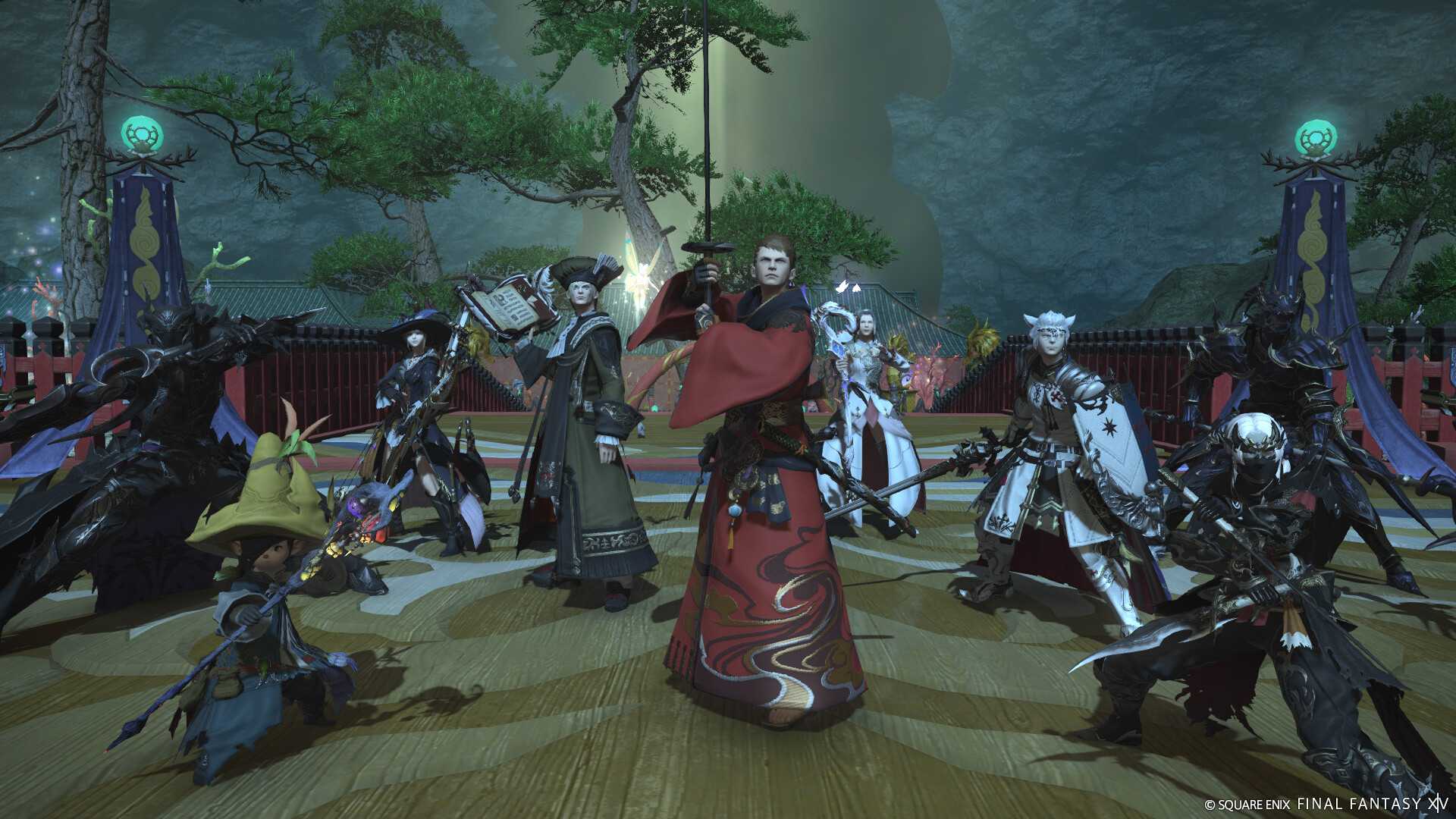 Screenshot from Final Fantasy XIV: A Realm Reborn video game of multiple characters each standing ready for a fight