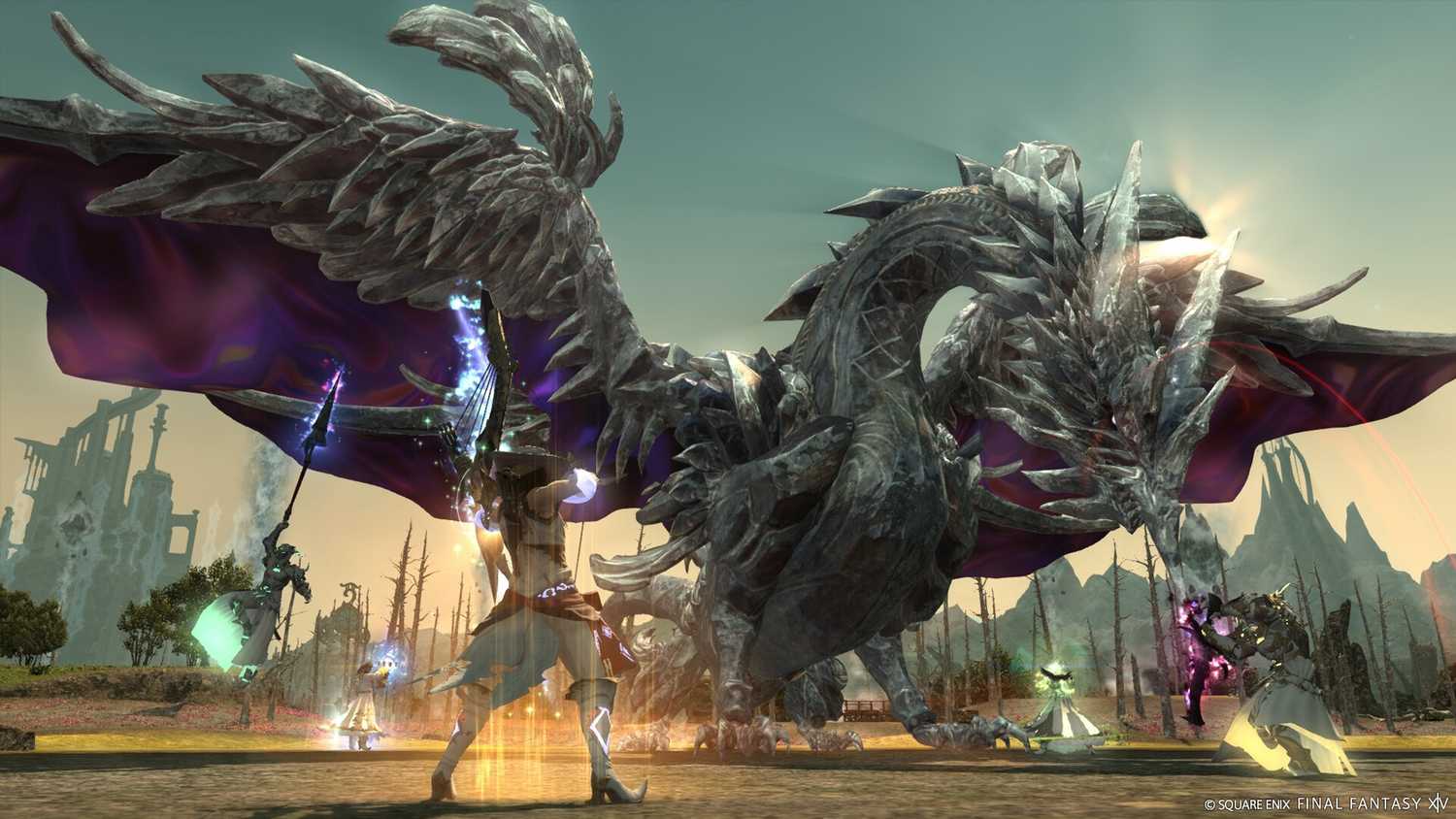 Screenshot from Final Fantasy XIV: A Realm Reborn video game of characters fighting a dragon