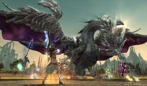 Screenshot from Final Fantasy XIV: A Realm Reborn video game of characters fighting a dragon
