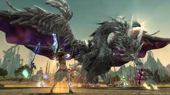Screenshot from Final Fantasy XIV: A Realm Reborn video game of characters fighting a dragon