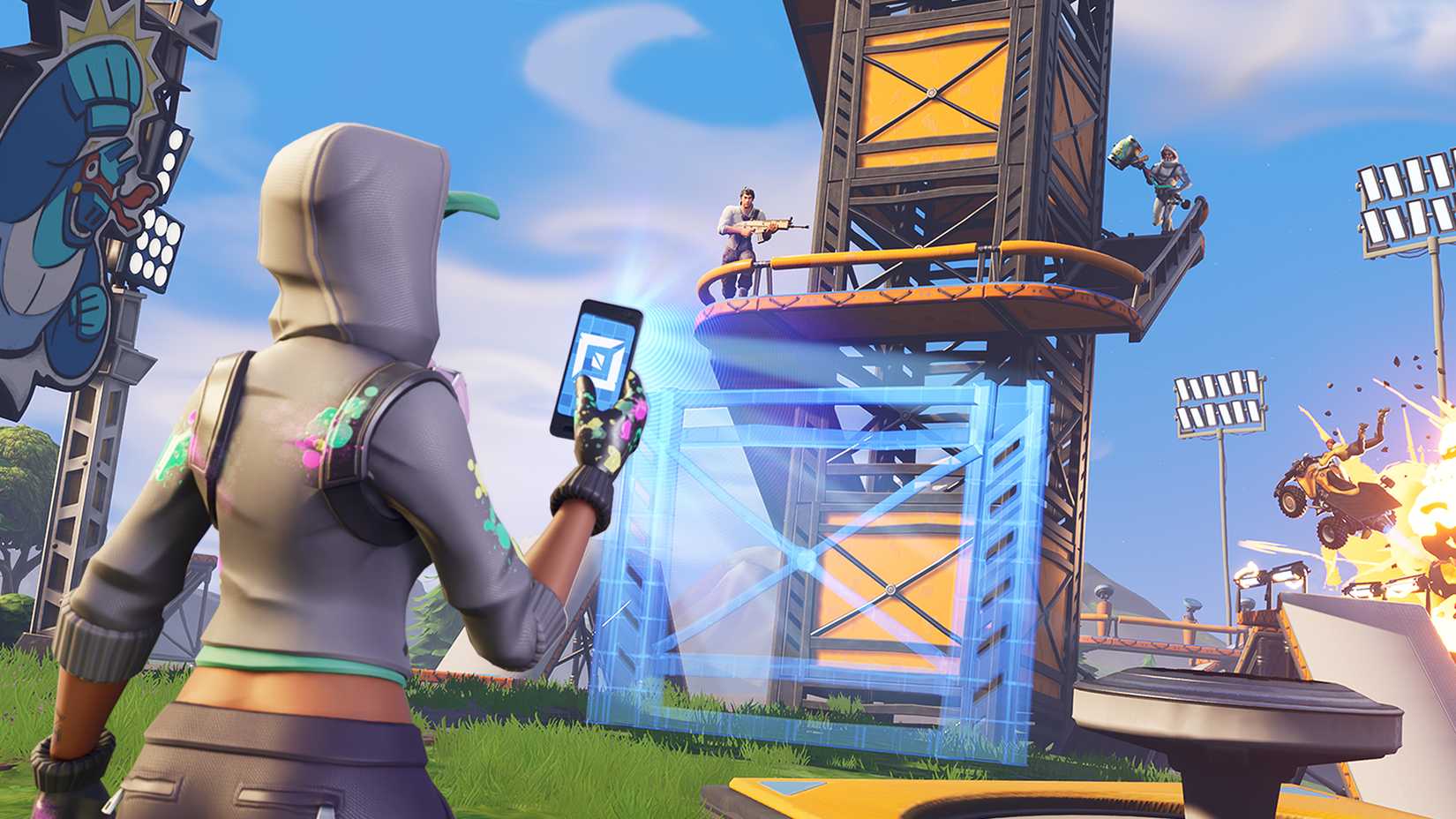 Fortnite female player holding the creative mode phone and using a blueprint against a yellow watch tower with two players on its stairs