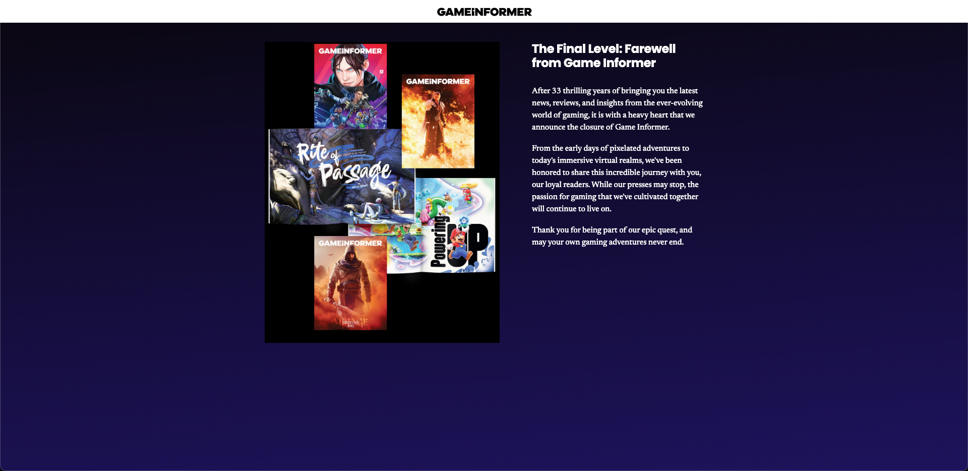 Game Informer website's farewell message
